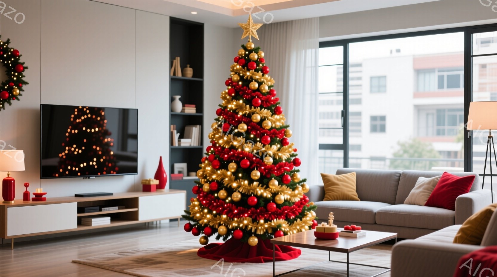 暖炉のないリビングルームには、赤と金色のオーナメントで飾られたクリスマスツリーが中央にあります。ツリーの下には赤い布が敷かれ、周りにはモダンなソファ、テレビ台、本棚が配置されています。窓からは明るい日差しが差し込み、部屋全体が暖かく、洗練された雰囲気を醸し出しています。