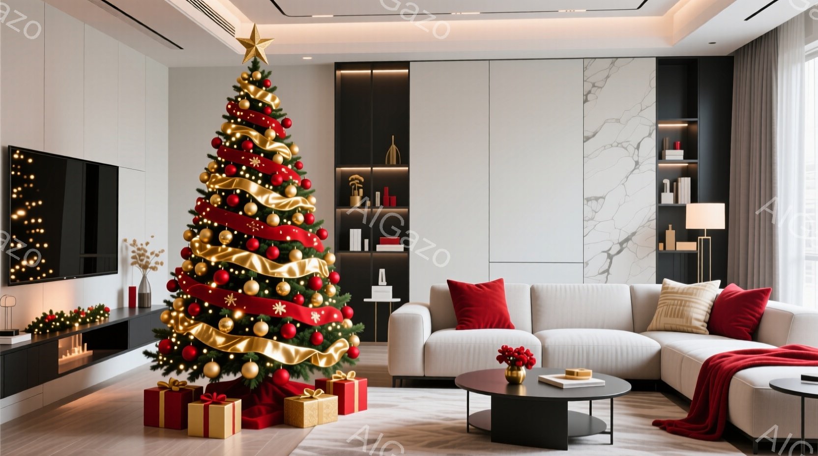 リビングルームには、金色のリボンとオーナメントで飾られた大きなクリスマスツリーが飾られています。白いセクションソファと黒いコーヒーテーブルが配置され、床にはプレゼントボックスがいくつか置かれています。部屋全体は白と黒を基調としたモダンなデザインで、暖かく居心地の良い雰囲気です。