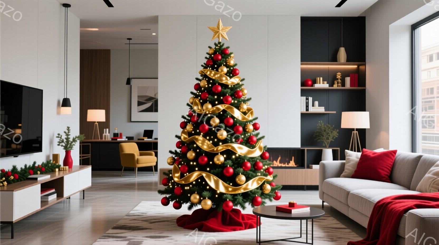 豪華なリビングルームには、装飾されたクリスマスツリーが中央にあり、赤い敷物で囲まれています。窓の外には高層ビルが見え、暖炉が温かさを添え、部屋全体に洗練された冬の雰囲気を作り出しています。白を基調とした内装に、赤と金の装飾がアクセントとなり、クリスマスの祝祭感を高めています。