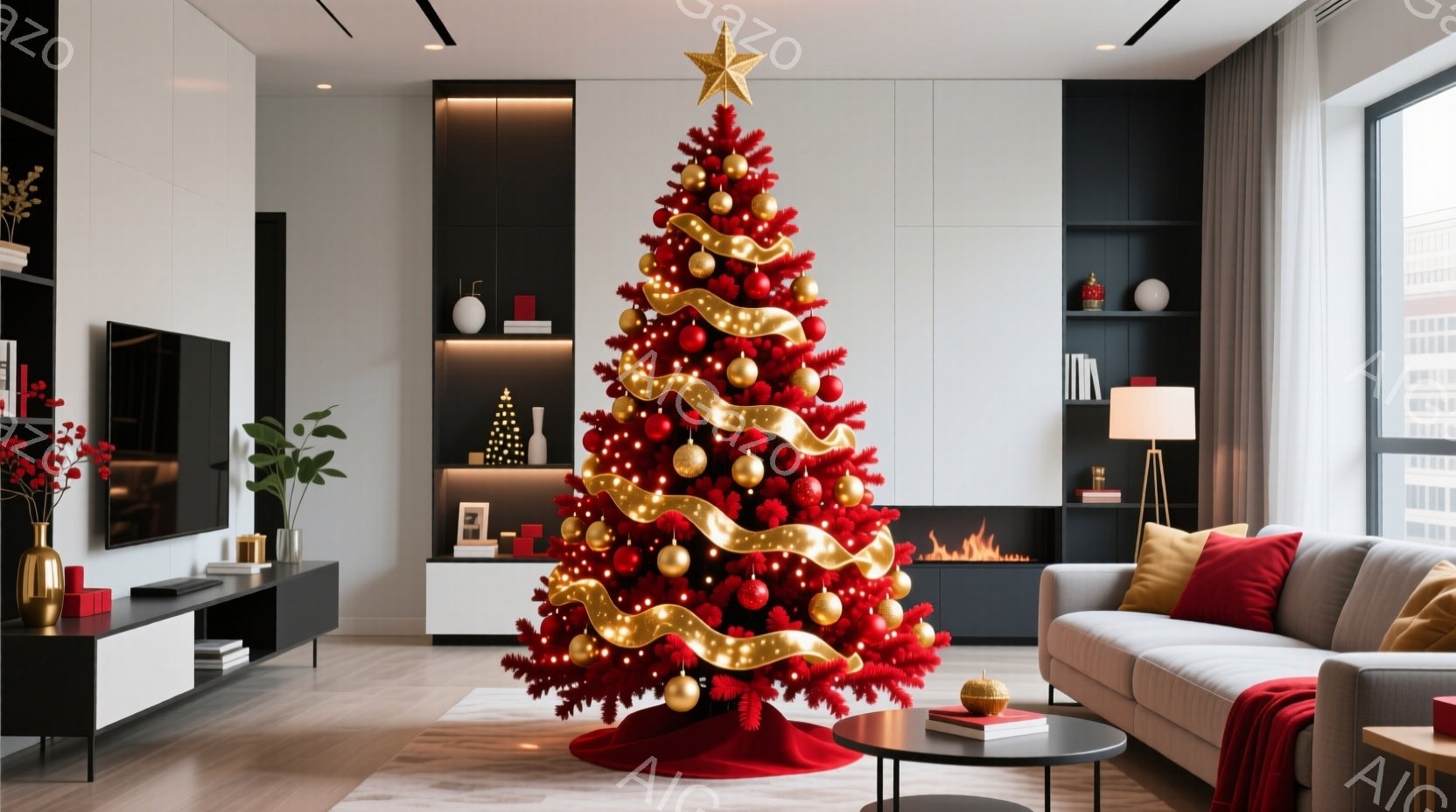 鮮やかな赤いクリスマスツリーが、モダンなリビングルームの中心にそびえ立っています。ツリーは金色のリボンとオーナメントで飾られ、暖炉のオレンジ色の光と相まって、温かく居心地の良い雰囲気を醸し出しています。背景には高層ビルが見え、広い窓から差し込む光が部屋全体を明るく照らしています。