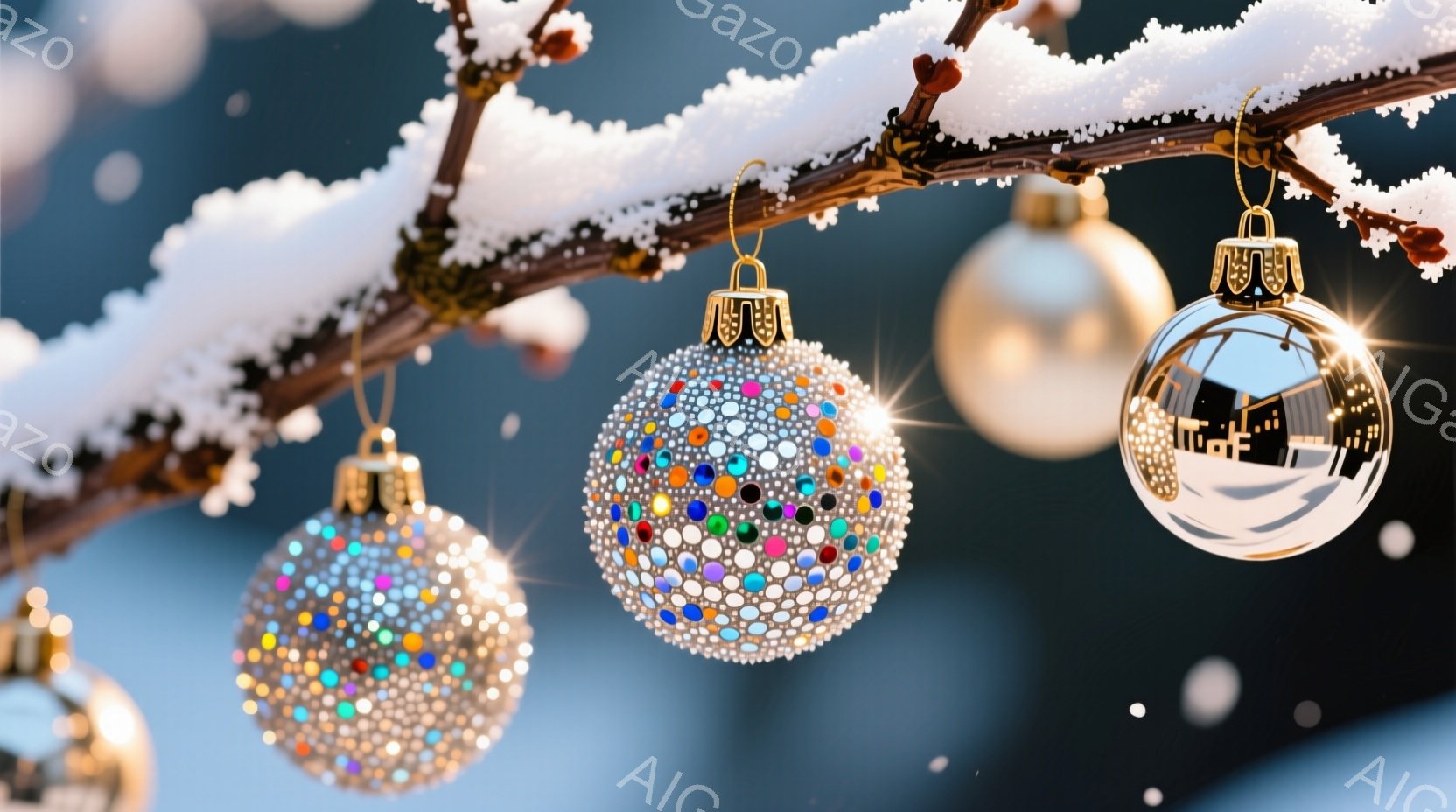 凍った枝に、きらびやかなクリスマスオーナメントがいくつか飾られています。それぞれのオーナメントは、さまざまな色のラインストーンで覆われ、雪景色が映り込む透明なものもあります。背景は薄い青色で、雪が舞っており、冬の静かで幻想的な雰囲気を醸し出しています。