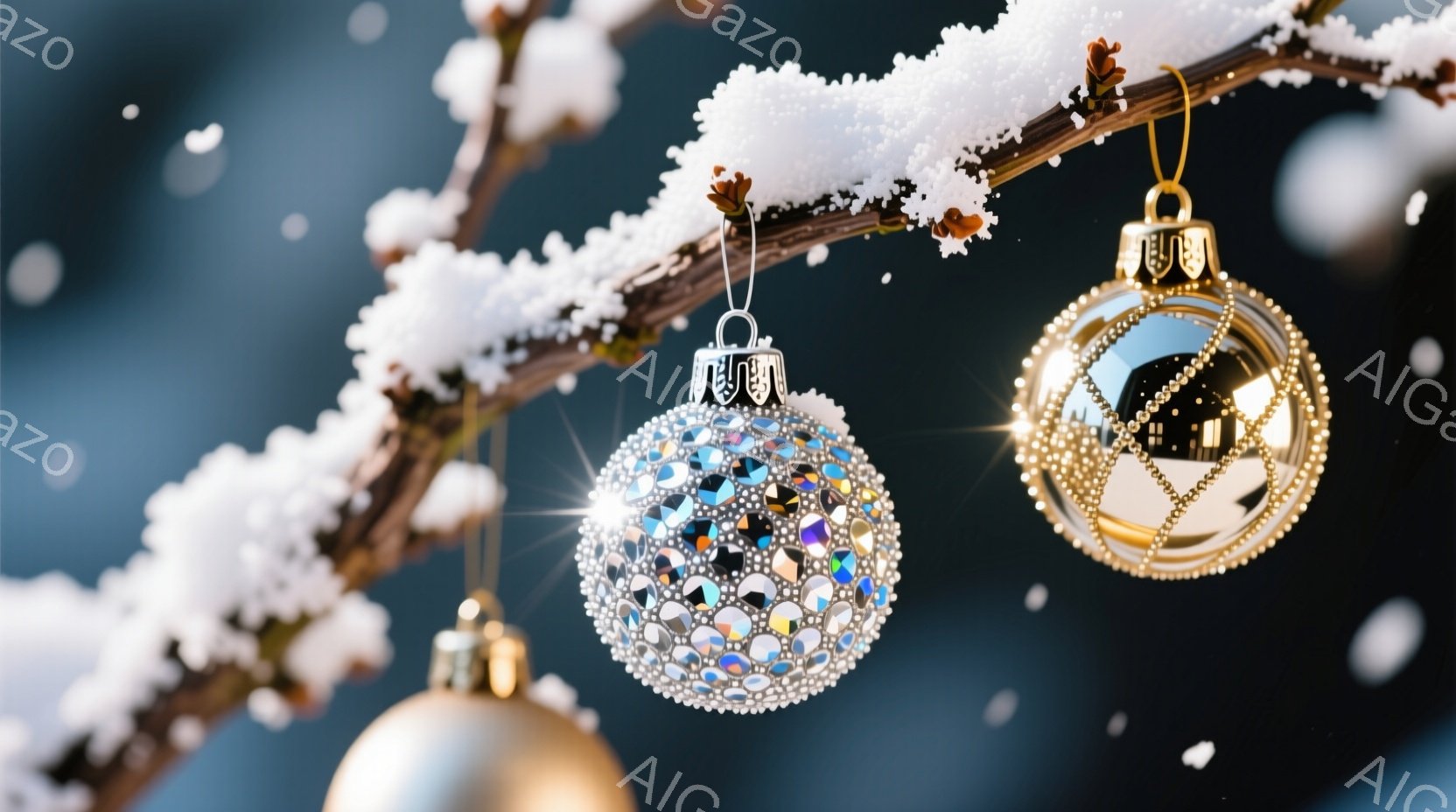 霜で覆われた木の枝に、きらびやかなクリスマスオーナメントがいくつかぶら下がっている。白、銀、金の球体はそれぞれ異なるデザインで、光を反射して冬の空の下で輝いている。背景は暗い青色で、雪が舞い散る様子がぼんやりと見え、全体的に幻想的でクリスマスの雰囲気が漂っている。