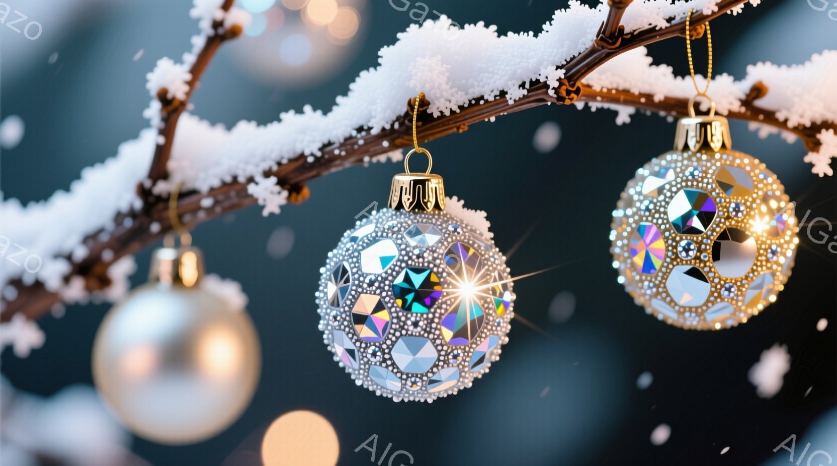 画像には、雪の積もった木の枝に飾られたクリスマスオーナメントが写っています。オーナメントは、銀色、白、そしてキラキラと輝く装飾が施されたものが混ざり合っており、背景は暗い青色で、ぼやけた光の粒子が舞い散っています。全体的に、冬の静寂とクリスマスの華やかさが組み合わさった、幻想的な雰囲気が漂っています。