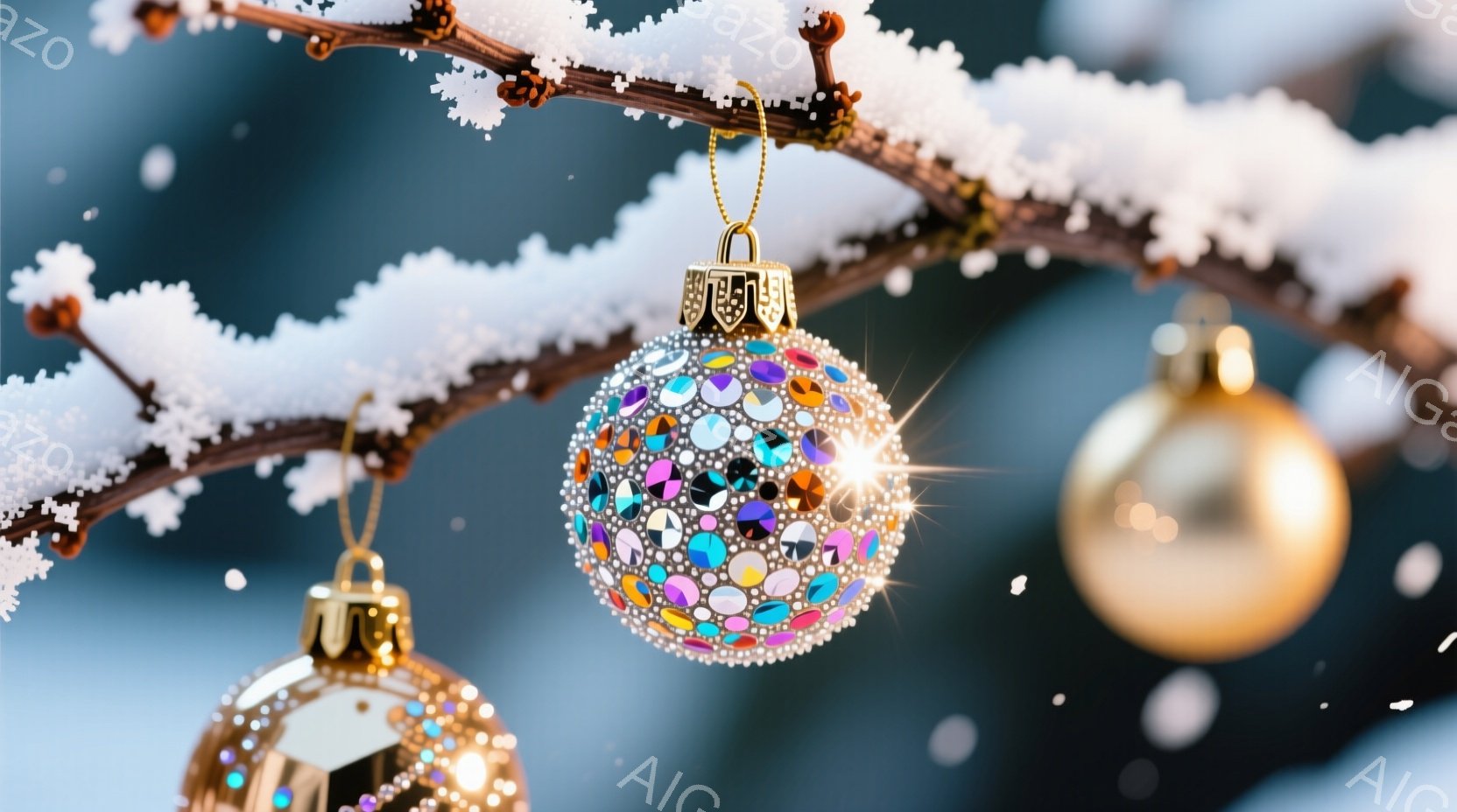 雪で覆われた木の枝に、きらびやかなオーナメントが飾られています。中央には、様々な色の宝石のような装飾が施された白く輝くオーナメントがあり、両脇には金色のオーナメントが配置されています。背景はぼやけていますが、雪が舞う冬の風景が感じられ、温かく幻想的な雰囲気を醸し出しています。