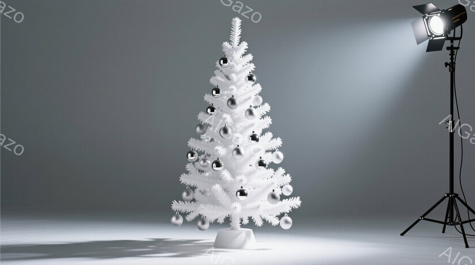 白いクリスマスツリーが、白い背景に浮かび上がっています。装飾品も銀色で統一されており、全体的にクールで洗練された印象を与えます。右側にはライトスタンドが配置されており、スタジオ撮影のセットアップであることがわかります。