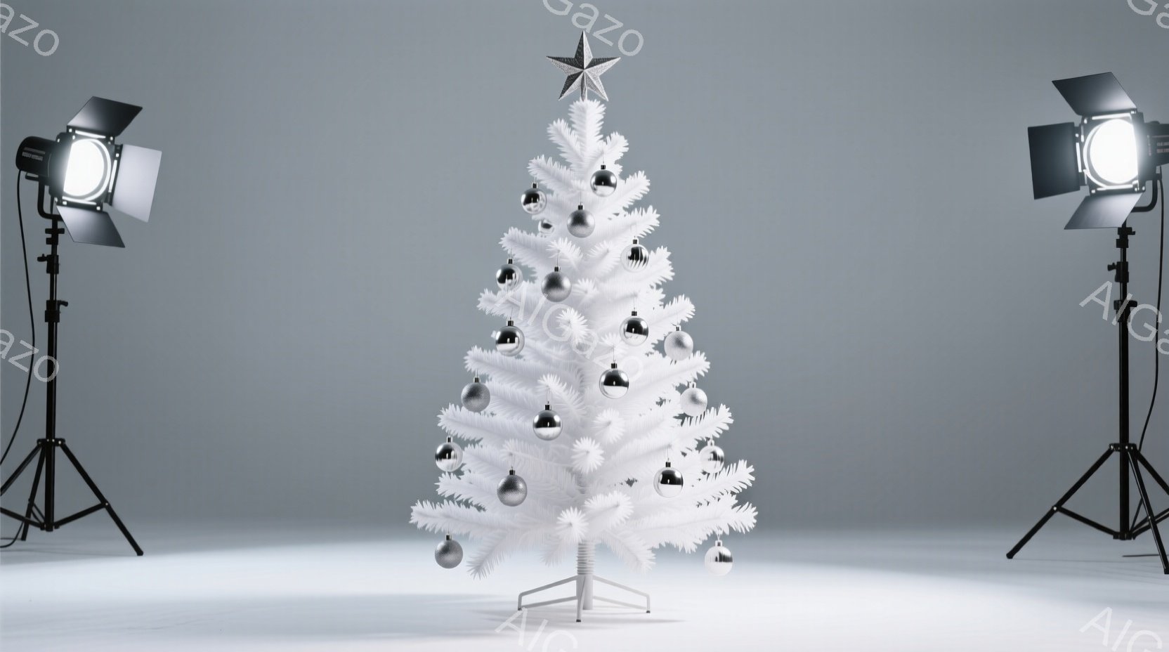 白いクリスマスツリーが、明るい背景に浮かび上がっている。装飾はすべて銀色で統一されており、頂上には星が輝いている。左右にはスタジオ用のライトスタンドが設置され、プロフェッショナルな撮影の様子が伺える。