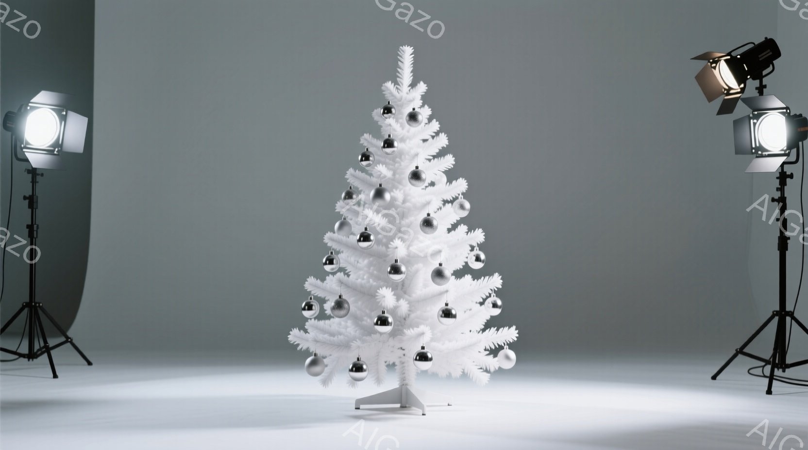 白いクリスマスツリーが、白い背景のスタジオに設置されています。ツリーには、銀色のオーナメントが飾り付けられており、光沢があります。スタジオの両側には、ライトスタンドと照明器具が配置されており、撮影用のセットアップであることがわかります。