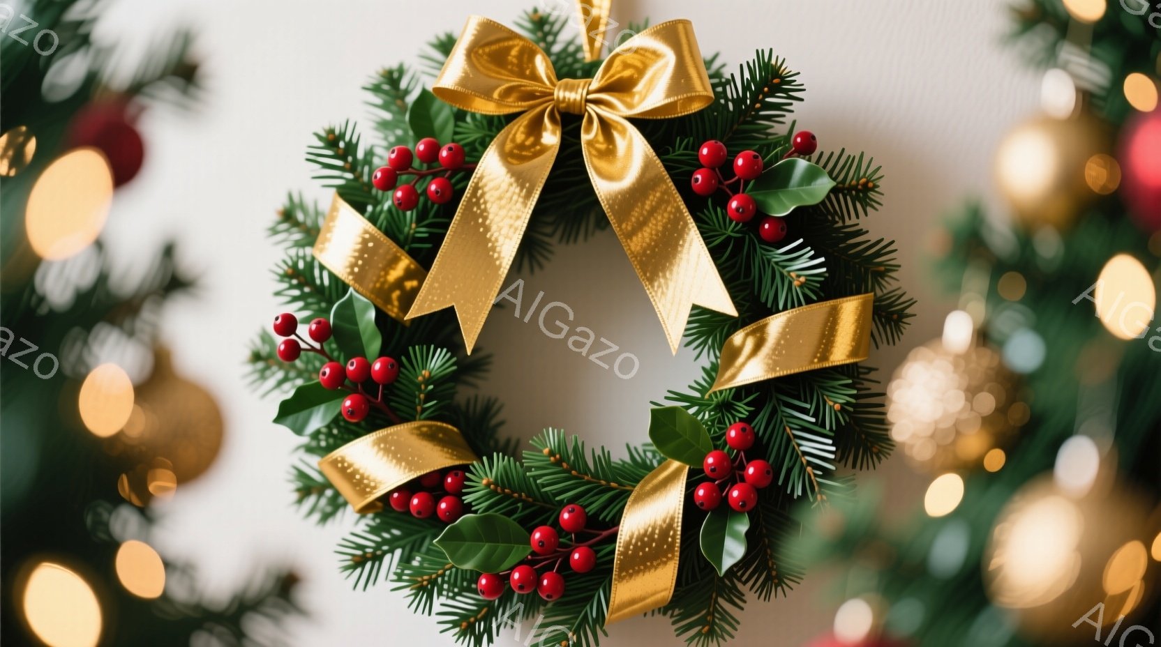 クリスマスリースが白い壁に飾られています。緑色の葉と赤い実で飾られ、金色のリボンが華やかに結ばれています。背景にはぼやけたクリスマスツリーの光が暖かく、お祝いの雰囲気を醸し出しています。