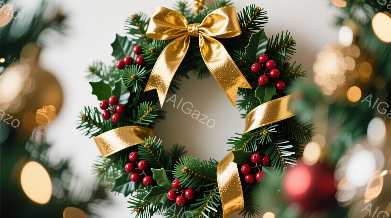 クリスマスリースが画面中央に配置され、緑の葉と赤い実で飾られています。金色のリボンがリースの上部を飾り、背景にはぼやけたクリスマスツリーの飾りが見え、温かみのある光が広がっています。全体的に華やかで、クリスマスの祝祭気分を醸し出しています。