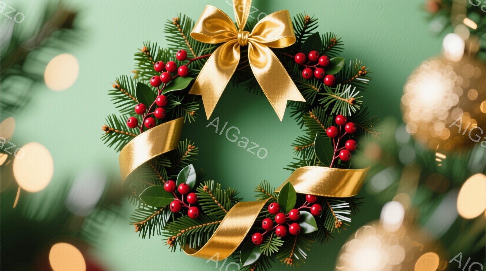 深緑色の背景に、赤い実と葉で飾られたクリスマスリースが中央に配置されています。金色のリボンがリースの上部を飾り、温かみのある光が背景をぼかしています。全体的に、華やかで落ち着いたクリスマスの雰囲気が漂います。