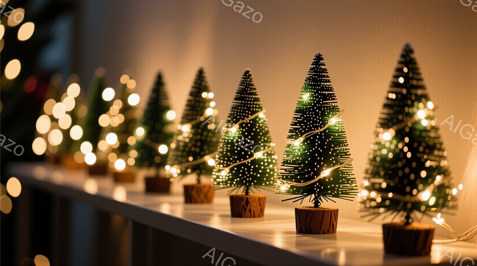 白い棚の上に、小さなクリスマスツリーが並べられています。それぞれのツリーは木製の台座に植えられており、温かい光を放つ電飾で飾られています。背景にはぼんやりとした光のぼかしがあり、全体的に穏やかで祝祭的な雰囲気を醸し出しています。