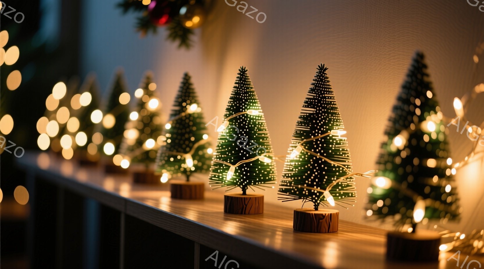 温かい光に照らされた、ミニチュアのクリスマスツリーが並んでいる様子が写っている。木製の台座に立てられたツリーは、細いワイヤーで作られており、小さな電飾が巻き付いている。背景はぼかされており、ほのかな光の玉が散りばめられており、クリスマスの穏やかで優しい雰囲気を醸し出している。