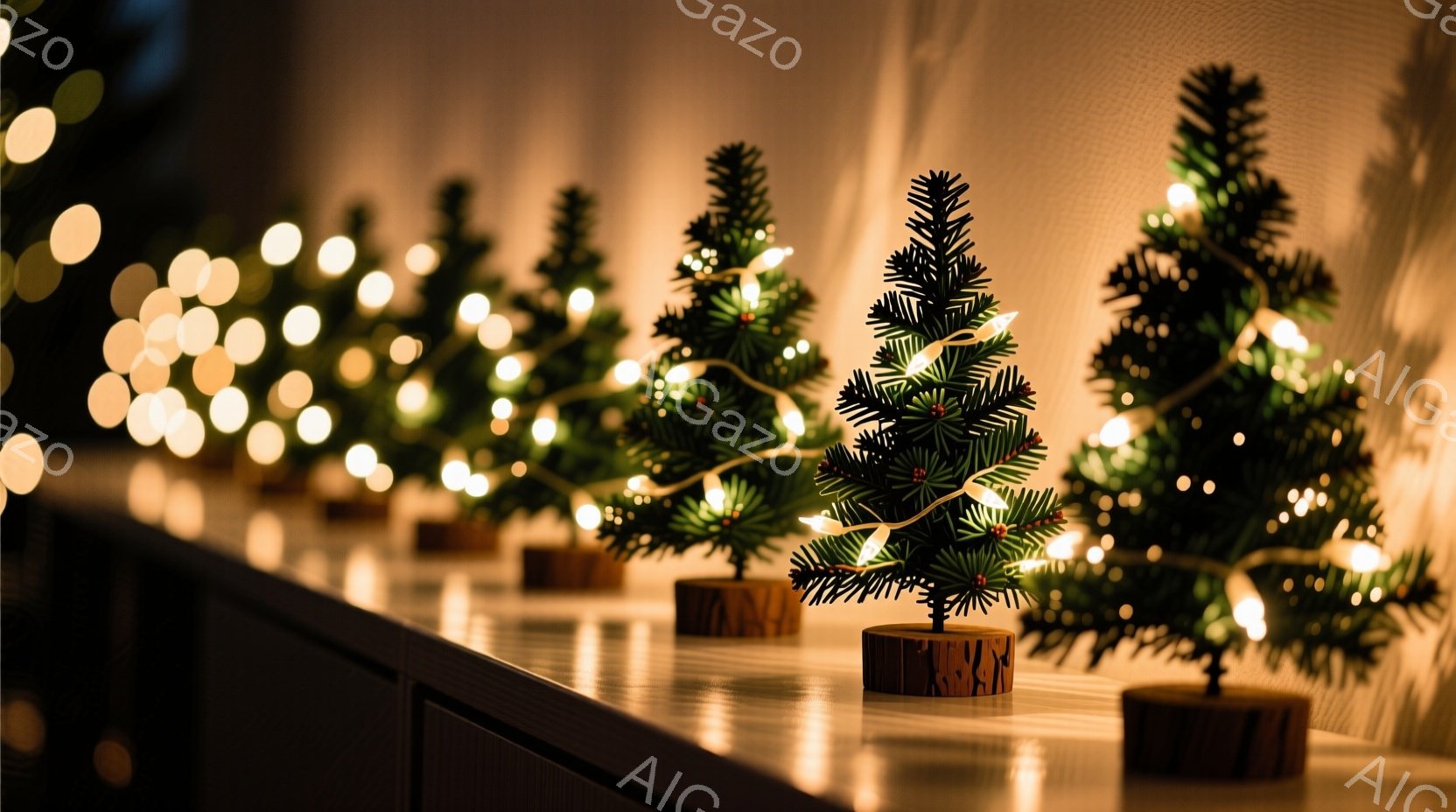 小さなクリスマスツリーがいくつか、白い棚の上に並べられています。各ツリーは木製の台座に固定され、暖かく輝くライトで飾られています。背景はぼやけており、ライトの光が幻想的な雰囲気を醸し出しています。