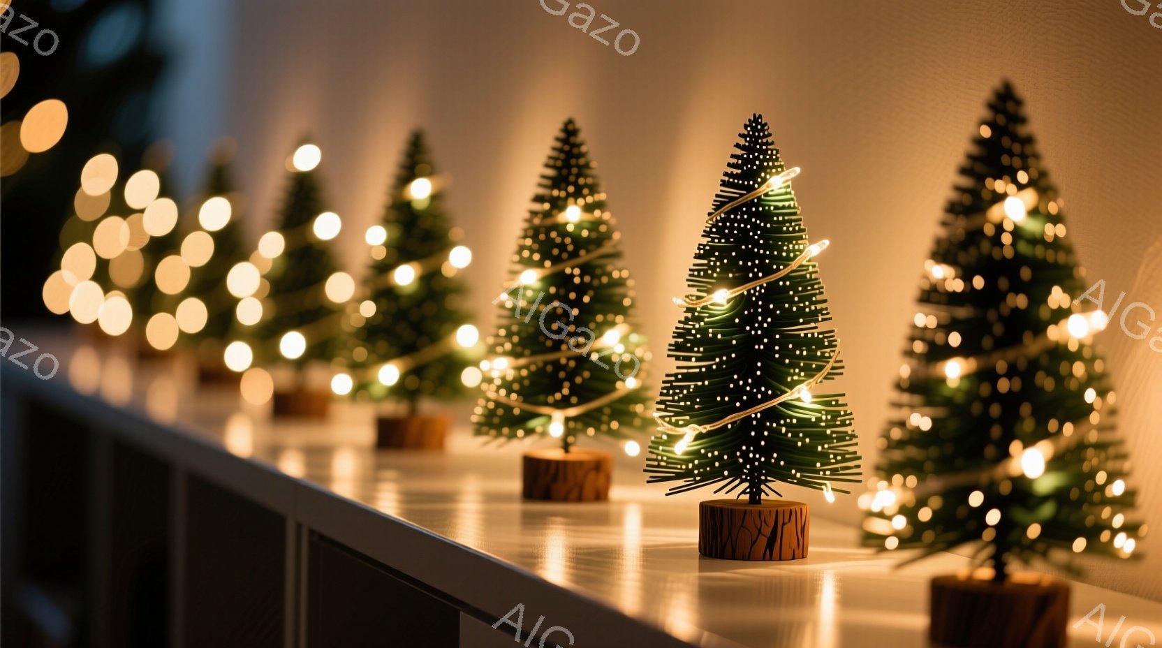 小さなクリスマスツリーが整列しており、それぞれに暖かい光のイルミネーションが飾られています。ツリーは木製の台座に固定され、背景にはぼやけた光の玉が散りばめられています。全体的に、暖かく穏やかなクリスマスの雰囲気が漂っています。