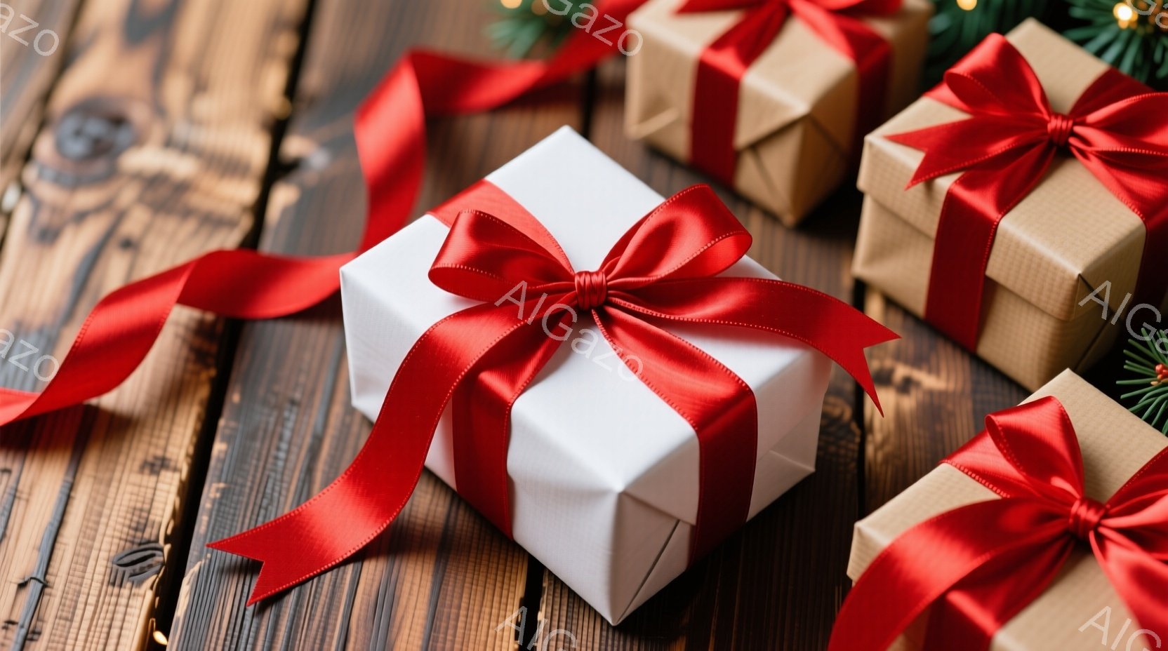 画像には、木製のテーブルの上にラッピングされたプレゼントがいくつか並んでいます。白いプレゼントには赤いリボンが巻かれ、茶色のプレゼントにも同様に赤いリボンがあしらわれています。全体的に、暖かく落ち着いた雰囲気で、クリスマスや誕生日などの特別な機会を連想させます。