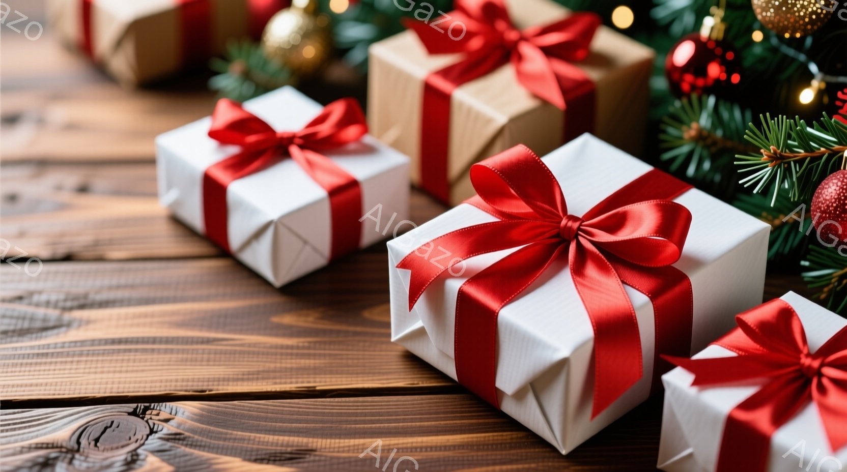 濃い木製のテーブルの上に、赤のリボンで結ばれた白いギフトボックスが並んでいます。背景には緑色の葉っぱと金色のオーナメントがあり、ホリデーシーズンの温かくお祝い的な雰囲気を醸し出しています。光の加減から、暖かく、親密な空間であることがわかります。