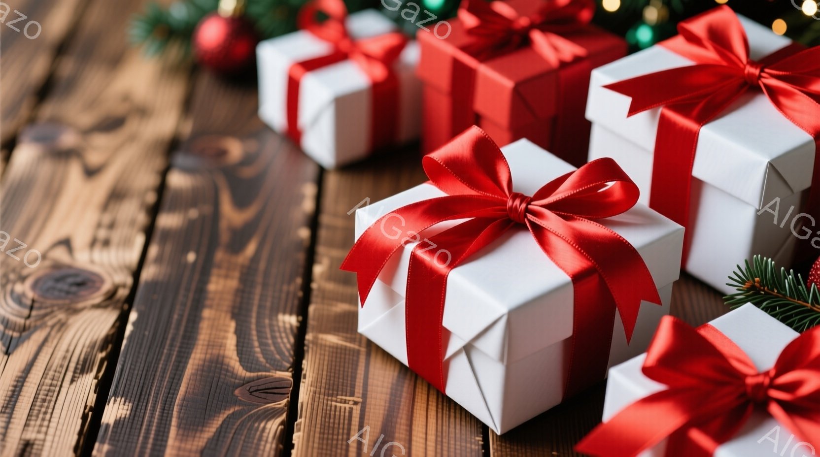 濃い木の板の上に白いギフトボックスがいくつか並んでいます。各ギフトボックスには鮮やかな赤いリボンが結ばれており、クリスマスや特別な機会の贈り物として使用されている様子が伺えます。背景にはぼやけた緑色の葉や光が点在し、暖かくお祝いムードを醸し出しています。