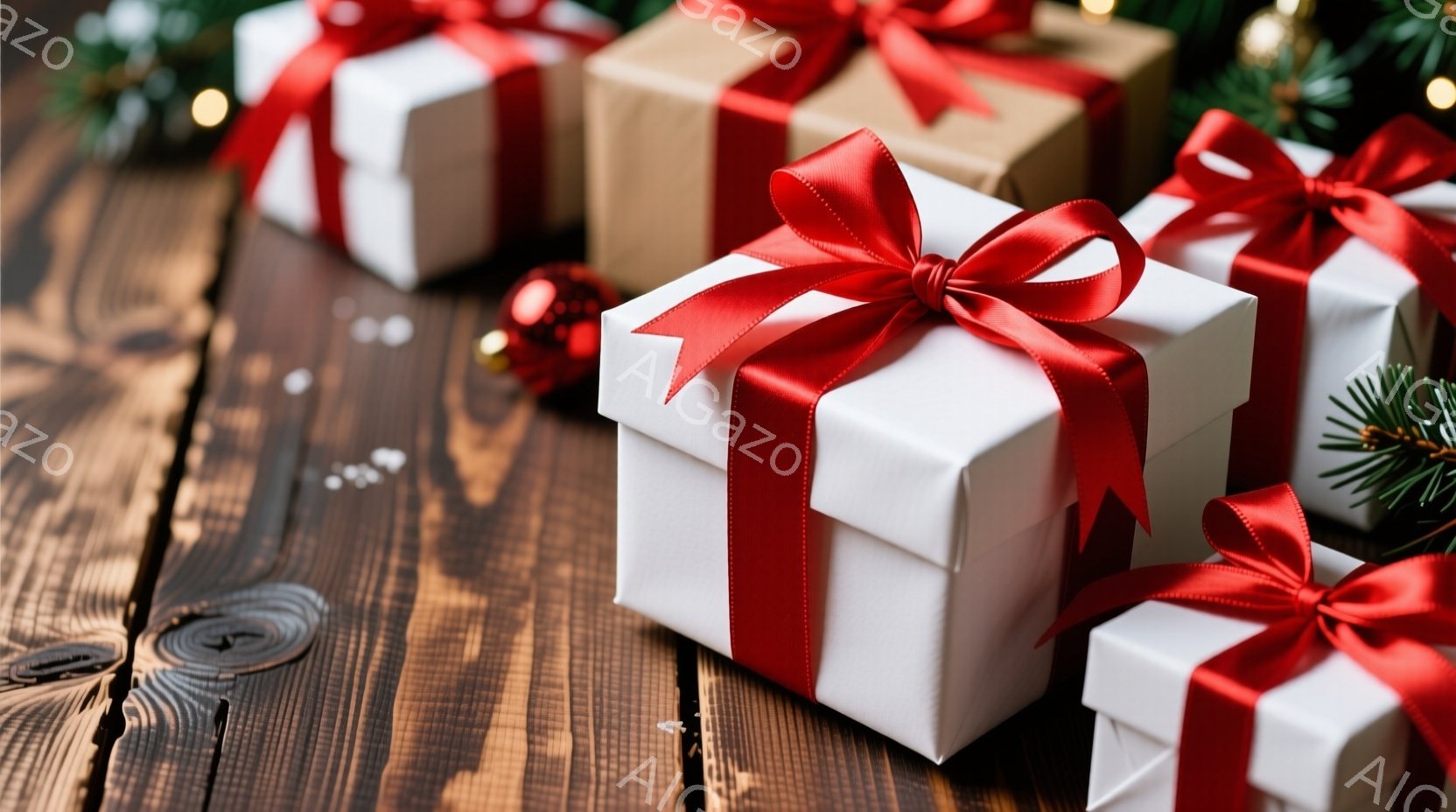 茶色の木製のテーブルの上に、赤のリボンで飾られた白いギフトボックスが並んでいます。緑色の植物（おそらくモミの枝）と小さな赤いオーナメントがギフトボックスの周りに散りばめられており、クリスマスの雰囲気を - AI生成フリー素材
