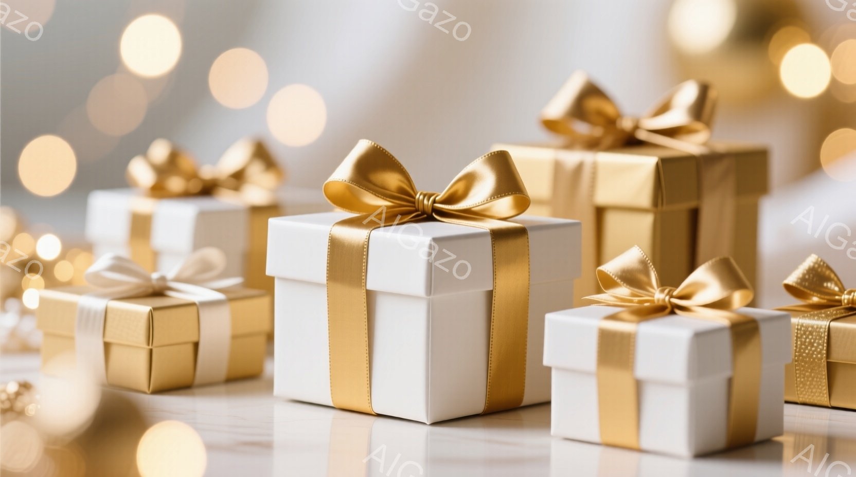 白いギフトボックスが、金色のリボンで美しく飾られ、大理石のような台の上に整然と並んでいます。背景には、ぼんやりとした金色の光が散りばめられ、お祝いや特別な機会を想起させます。全体的に、上品で華やかな雰囲気を醸し出しており、贈り物や記念日を祝うイメージを想起させます。