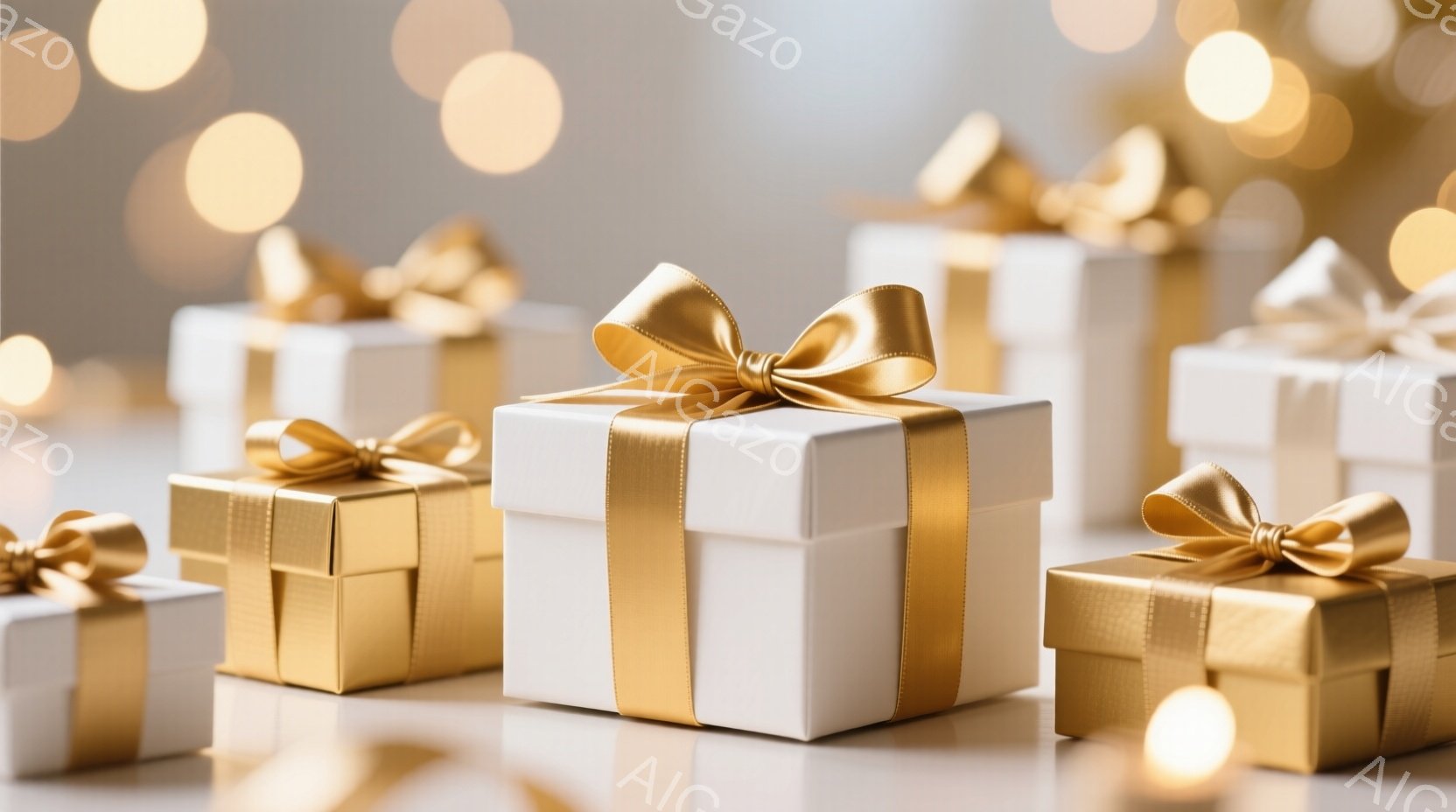 白と金色のギフトボックスが、明るい背景の中で並べられています。ギフトボックスはそれぞれ金色のリボンで美しく飾り付けられており、祝福や贈り物といった温かい雰囲気を醸し出しています。背景にはぼんやりとした光の粒子があり、華やかさと夢のような雰囲気を添えています。