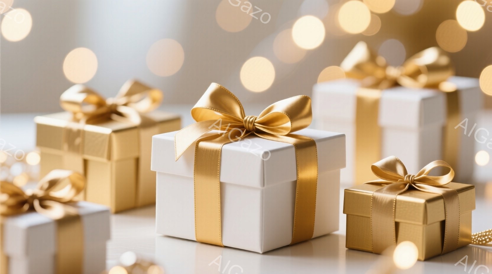白と金色のギフトボックスがいくつか、白いテーブルの上に並べられています。背景には、ぼやけた金色の光のぼかしがあり、お祝いや特別な機会を連想させます。全体的に、上品で華やかな雰囲気が漂っています。 - AI生成フリー素材