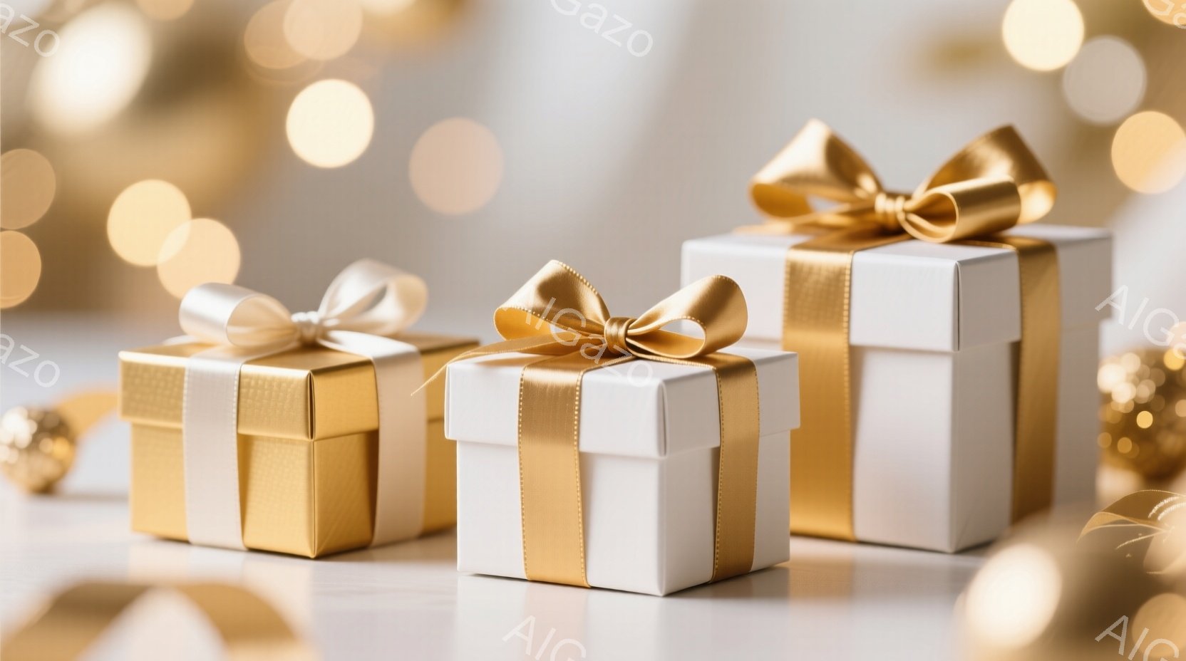 白と金のラッピングペーパーで包まれたギフトボックスが三つ、大理石のような台の上に並んでいます。背景にはぼやけた金色の光のぼかしがあり、お祝いや特別な日の雰囲気を醸し出しています。全体的に暖かく、華やかで、上品な印象を与えます。
