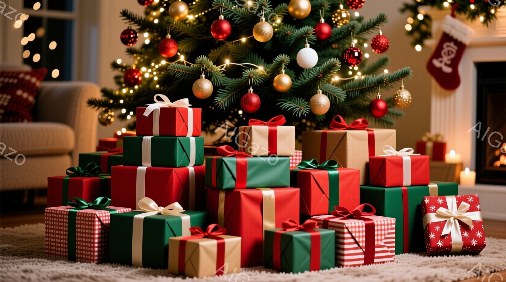 クリスマスツリーの足元に、赤、緑、白、ストライプ模様の包装紙で包まれたプレゼントの山が積み上げられています。背景にはぼんやりとソファが見え、暖炉の明かりが灯っており、温かく居心地の良いクリスマスの雰囲気が漂っています。プレゼントはリボンで飾られ、クリスマスの飾り付けが華やかさを添えています。