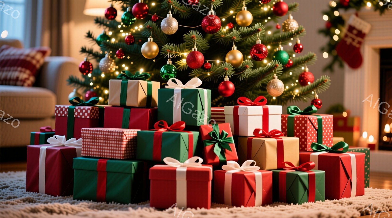 クリスマスツリーの足元には、赤、緑、ベージュ、白など様々な色のギフトが山積みになっています。ギフトにはそれぞれリボンが結ばれており、暖かく華やかな雰囲気を醸し出しています。背景にはソファや暖炉が見え、クリスマスの温かい家庭的な雰囲気が伝わってきます。
