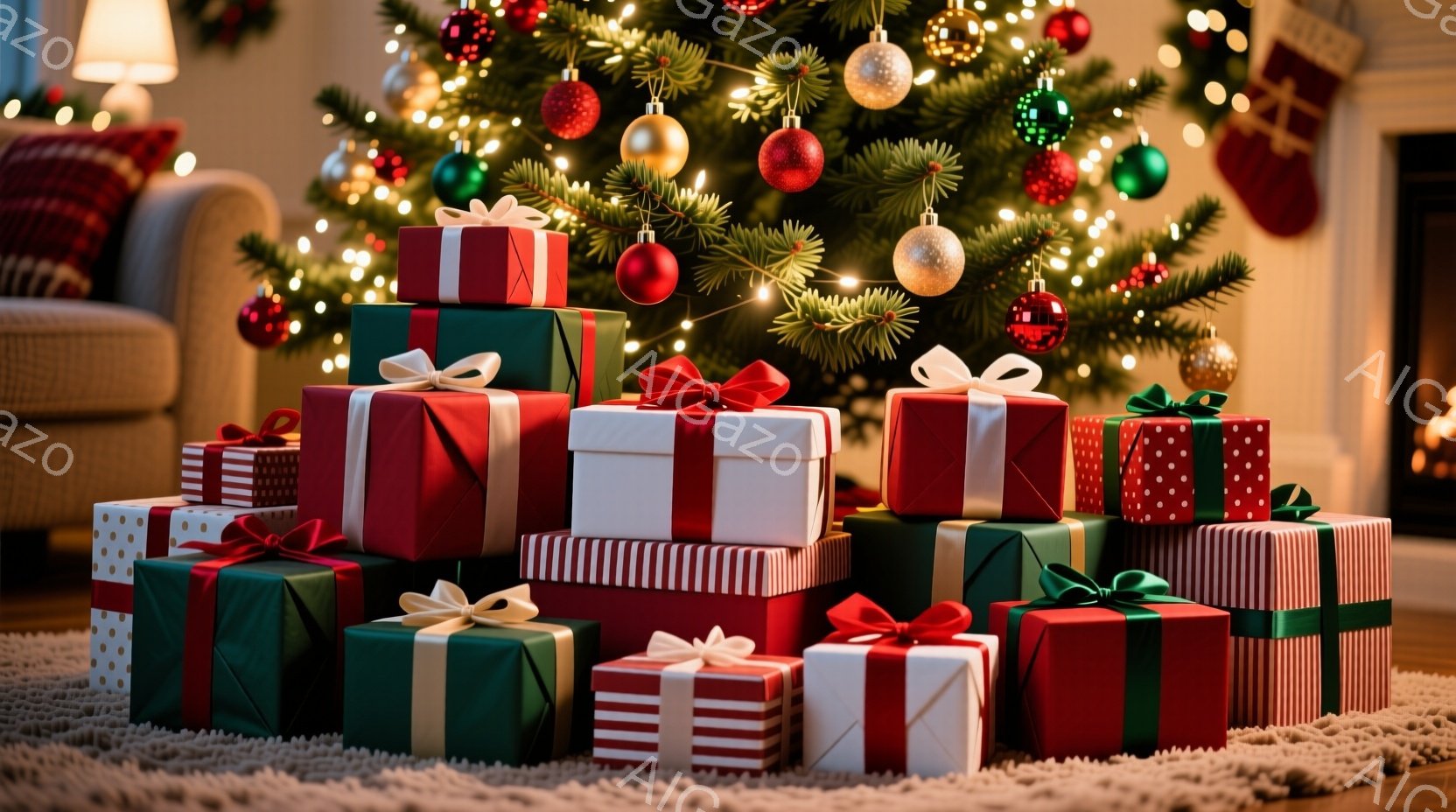 クリスマスツリーの足元に、赤、緑、白のラッピングペーパーで包まれたプレゼントの山が積み上げられています。プレゼントにはリボンが結ばれており、暖かく、お祝いの雰囲気が漂っています。背景にはぼんやりと家具 - AI生成フリー素材