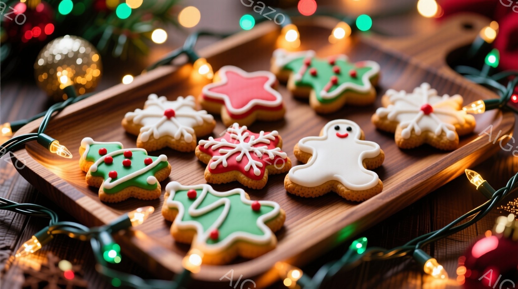 クリスマスをテーマにしたクッキーが木製のプレートに並べられています。ツリー、雪の結晶、雪だるまの形をしたクッキーは、赤や緑のアイシングで飾られ、可愛らしい表情をしています。背景には、キラキラと光るクリスマスライトが飾られ、温かく、お祝いの雰囲気が漂っています。