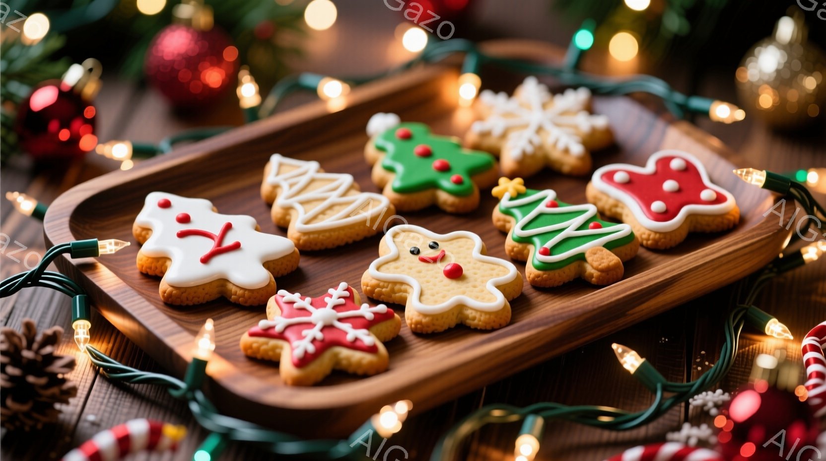 クリスマスを祝う可愛らしいクッキーが木製のプレートに並んでいます。様々な形（雪の結晶、クリスマスツリー、ジンジャーマンなど）のクッキーは、白いアイシングでデコレーションされ、温かみのある雰囲気を醸し出しています。背景には、光るクリスマスライトや飾りがあり、ホリデーシーズンらしい華やかな装飾が施されています。