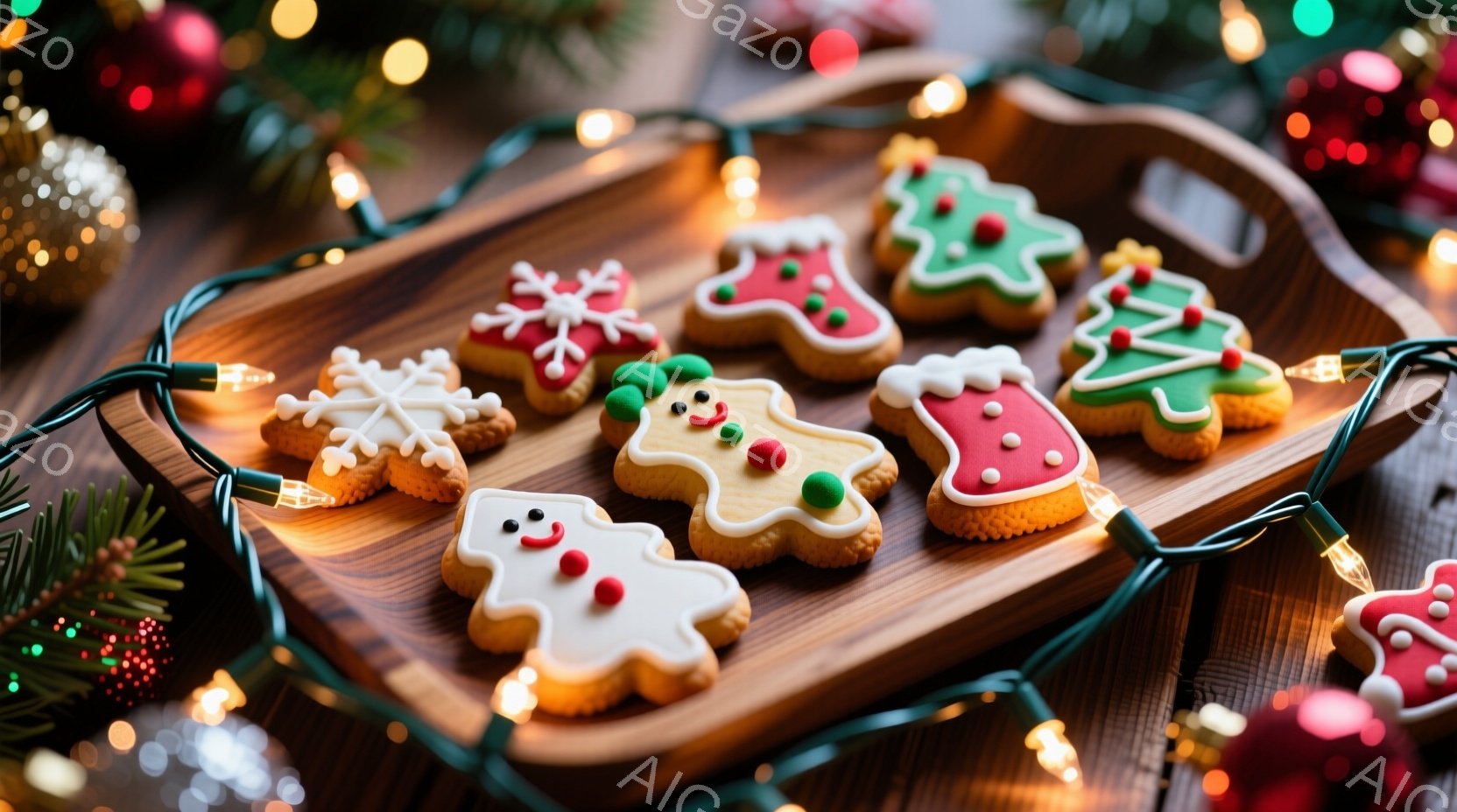 焼き色のついた木製のプレートの上に、クリスマスをテーマにした様々なクッキーが並べられています。雪の結晶、ジンジャーブレッドマン、クリスマスツリー、お家の形のクッキーには、赤や緑のアイシングが施され、可愛らしい表情をしています。背景には緑色のクリスマスツリーの葉や赤い飾り、そして温かい光を放つイルミネーションが散りばめられ、クリスマスの温かい雰囲気を醸し出しています。