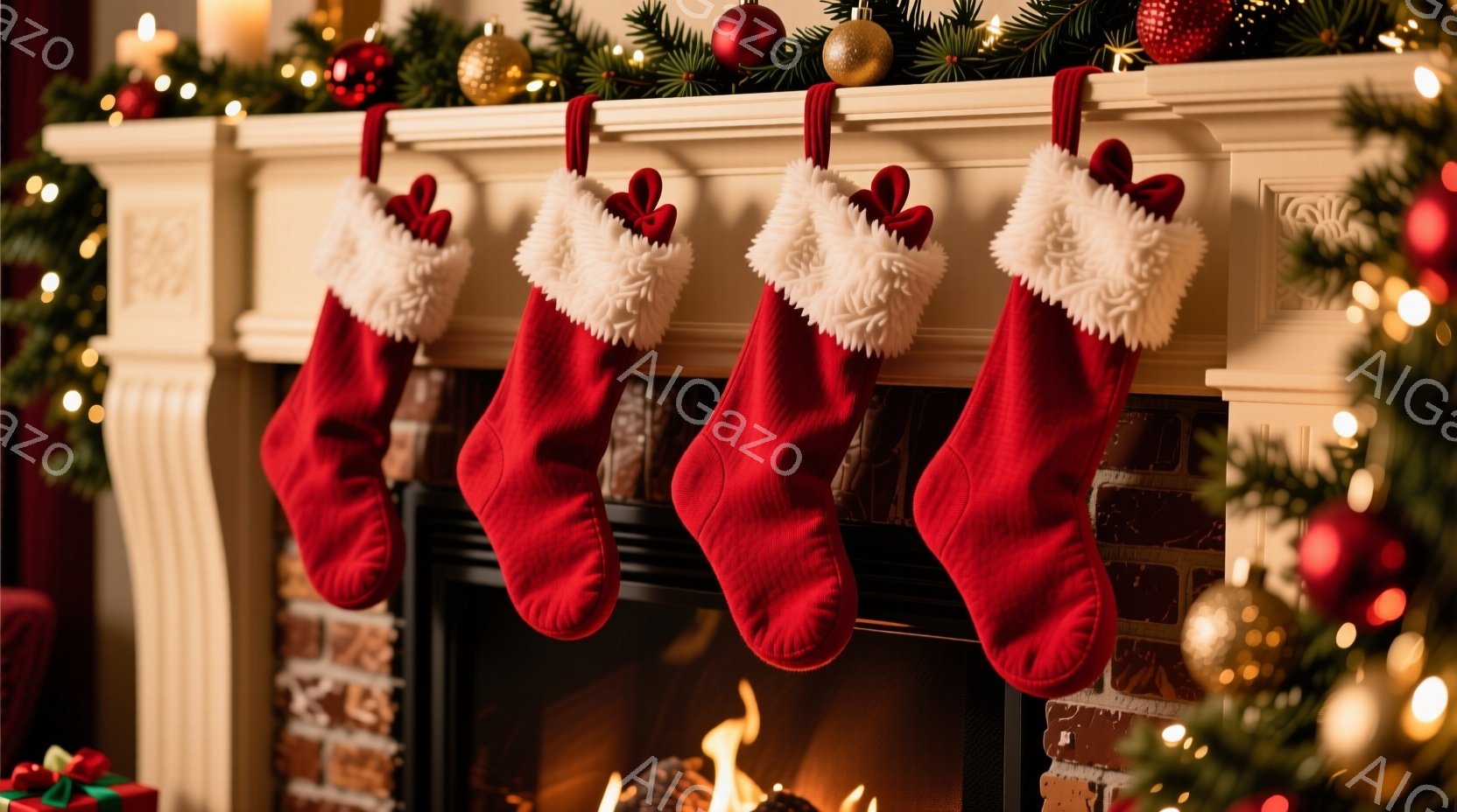 暖炉の上に赤いクリスマスストッキングが4つ並んでいます。ストッキングは白い毛皮で縁取られ、それぞれに赤いリボンが付いています。背景にはクリスマスツリーの緑、赤いオーナメント、暖炉の中の燃え盛る炎が見え、温かく、お祝いの雰囲気が漂っています。