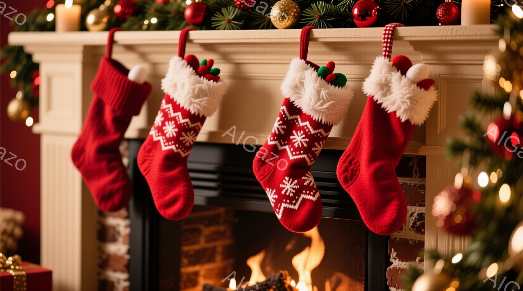 暖炉の上に三つの赤いクリスマスストッキングが飾られています。ストッキングは白のファーで縁取られ、雪の結晶のような模様が編み込まれています。暖炉の中では炎が燃え、背景にはクリスマスツリーの飾りと光がぼん - AI生成フリー素材