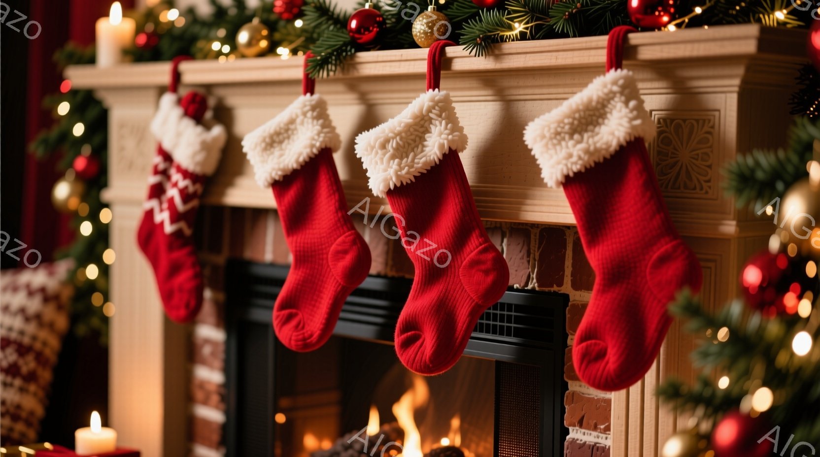 赤いクリスマスストッキングが暖炉の上に並んで吊るされています。ストッキングの上部には白いふわふわの毛皮のような装飾が施され、それぞれ異なる模様が描かれています。暖炉の中には炎が燃え、周囲にはクリスマスツリーの飾りやキャンドルが置かれ、温かく居心地の良いクリスマスの雰囲気を醸し出しています。