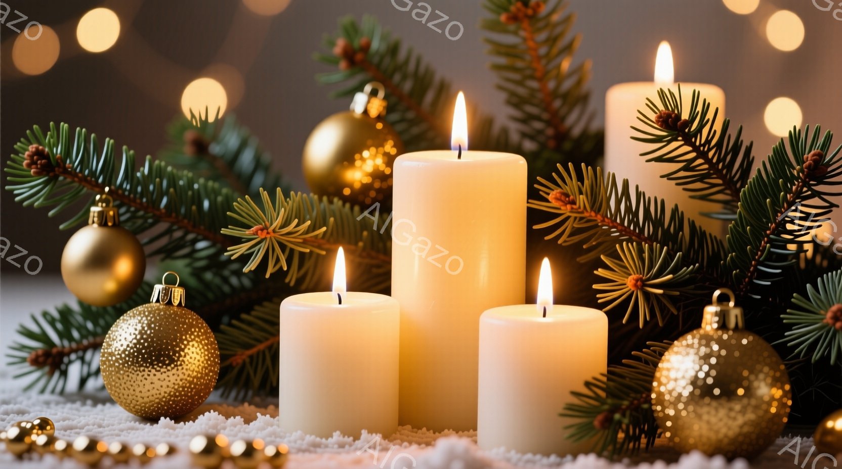 白いキャンドルが三本、緑色のモミの枝とキラキラ光る金のオーナメントに囲まれて配置されています。背景はぼかされており、暖かく落ち着いた光が灯っています。全体的に、ホリデーシーズンや冬の穏やかな雰囲気を表しています。