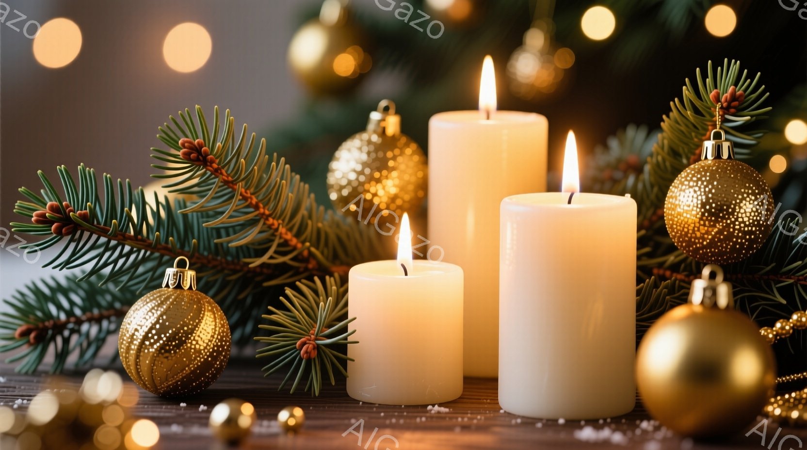 暖炉の木製のテーブルの上に、白く光る3本のキャンドルが置かれています。キャンドルの周りには、クリスマスの飾りである松の葉と金色のオーナメントが散りばめられ、ぼやけた光の玉が背景を彩っています。全体的に - AI生成フリー素材