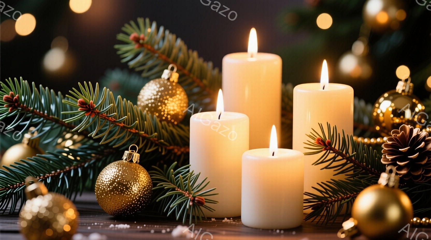 暖炉の周りに配置された白く光るキャンドルが、クリスマスの温かい雰囲気を醸し出しています。針葉樹の葉や金色のオーナメントがキャンドルの周りを飾り、冬の装飾が施された背景が暖かく穏やかな光で照らされています。全体的に、この画像は静かで穏やかなホリデーシーズンを象徴しています。