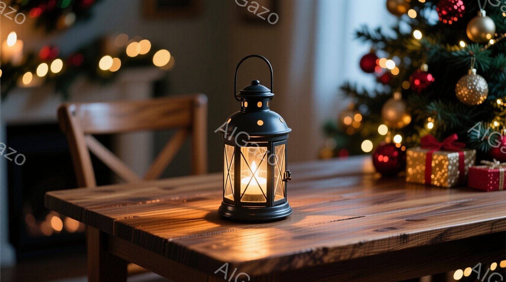 暖炉のそばにある木のテーブルの上に、黒い金属製のランタンが置かれています。背景には、飾り付けられたクリスマスツリーとプレゼントの箱が見え、温かくお祝いの雰囲気です。ぼんやりとした光と木製の質感が、リラックスした冬の夜の雰囲気を醸し出しています。