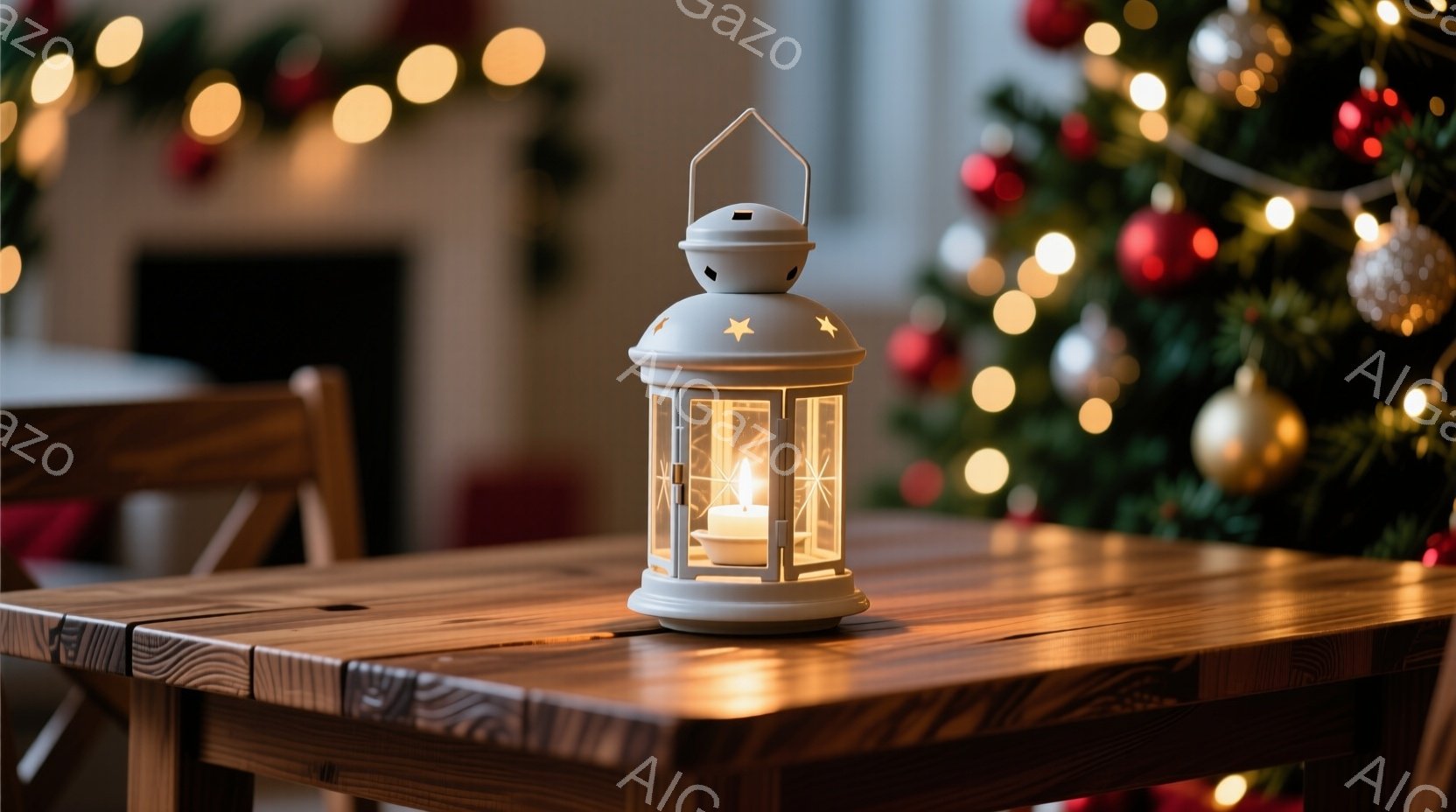 温かい光を放つ白いランタンが木製のテーブルの上に置かれています。背景にはクリスマスツリーがぼんやりと見え、オレンジと白の優しい光で飾られています。全体的に、温かく、落ち着いた雰囲気で、クリスマスの夜を思わせる静けさがあります。