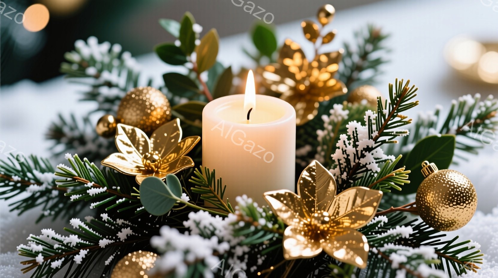 白いキャンドルが中心に配置され、その周りには緑の葉や枝、金色の装飾が散りばめられています。背景には雪が降り積もり、金色のオーナメントが輝き、暖かく、お祝いムードを醸し出しています。全体的に冬の暖炉のシーンを彷彿とさせる、穏やかで豪華な雰囲気です。
