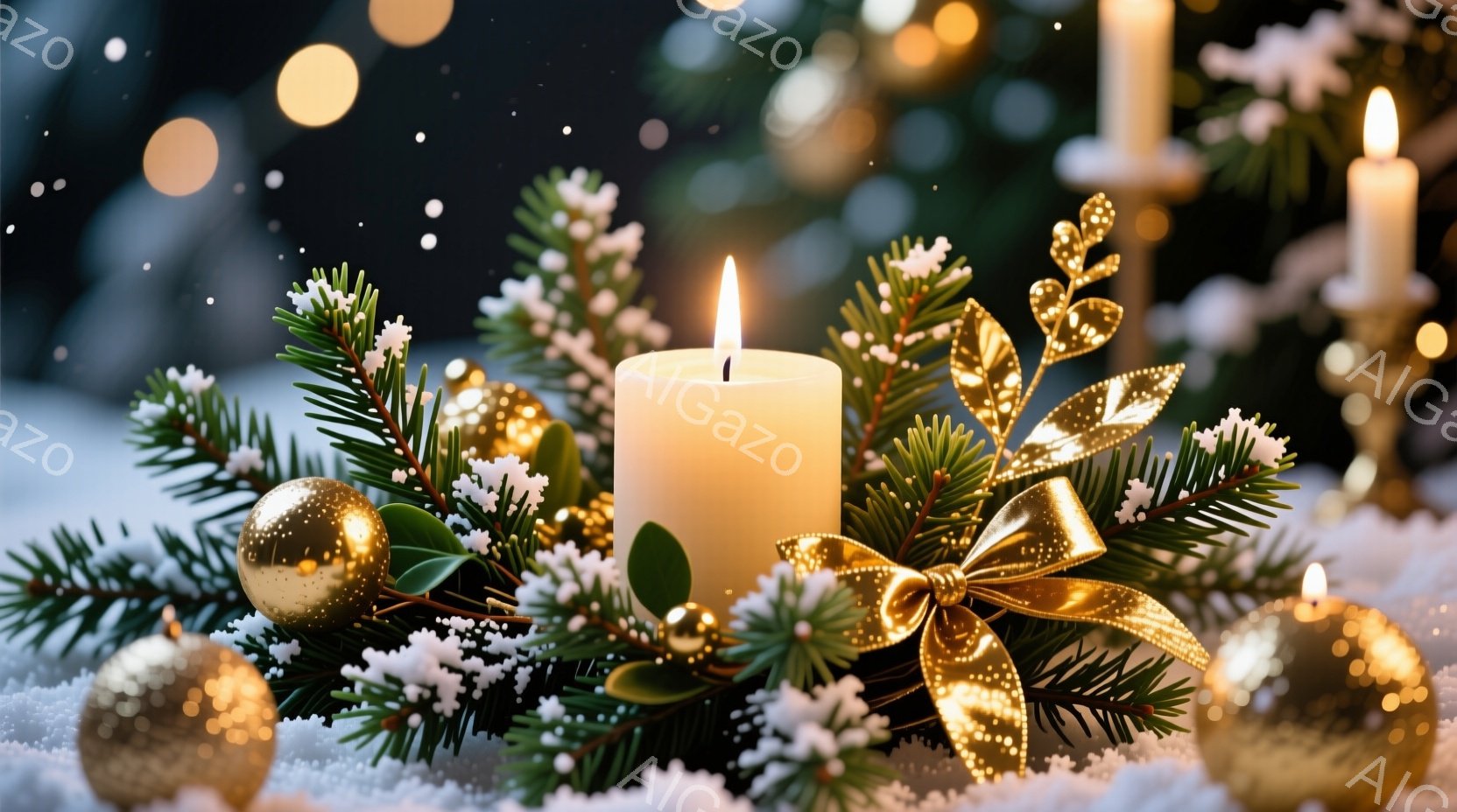 雪が降り積もる中で、白く輝くキャンドルが中央に置かれ、周囲には緑の葉、金色のオーナメント、そして繊細な金の蝶結びが飾られています。暖かく穏やかな光がキャンドルから放たれ、冬の静寂の中でホリデーシーズンを祝う、優雅で魅力的な雰囲気を醸し出しています。背景はぼかされており、まるで雪の結晶が舞い散っているかのような幻想的な光景が広がっています。