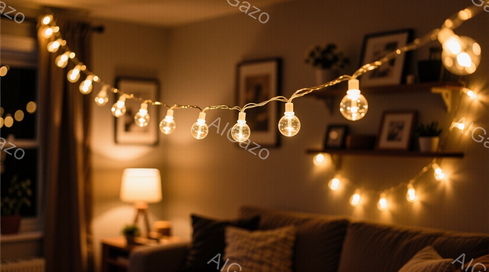 暖色の電球が飾られた部屋の内観で、ソファと壁に飾られた写真が見える。電球の優しい光が部屋全体を照らし、温かく居心地の良い雰囲気を作り出している。背景には木製の棚と間接照明が見え、リラックスした空間を演出している。