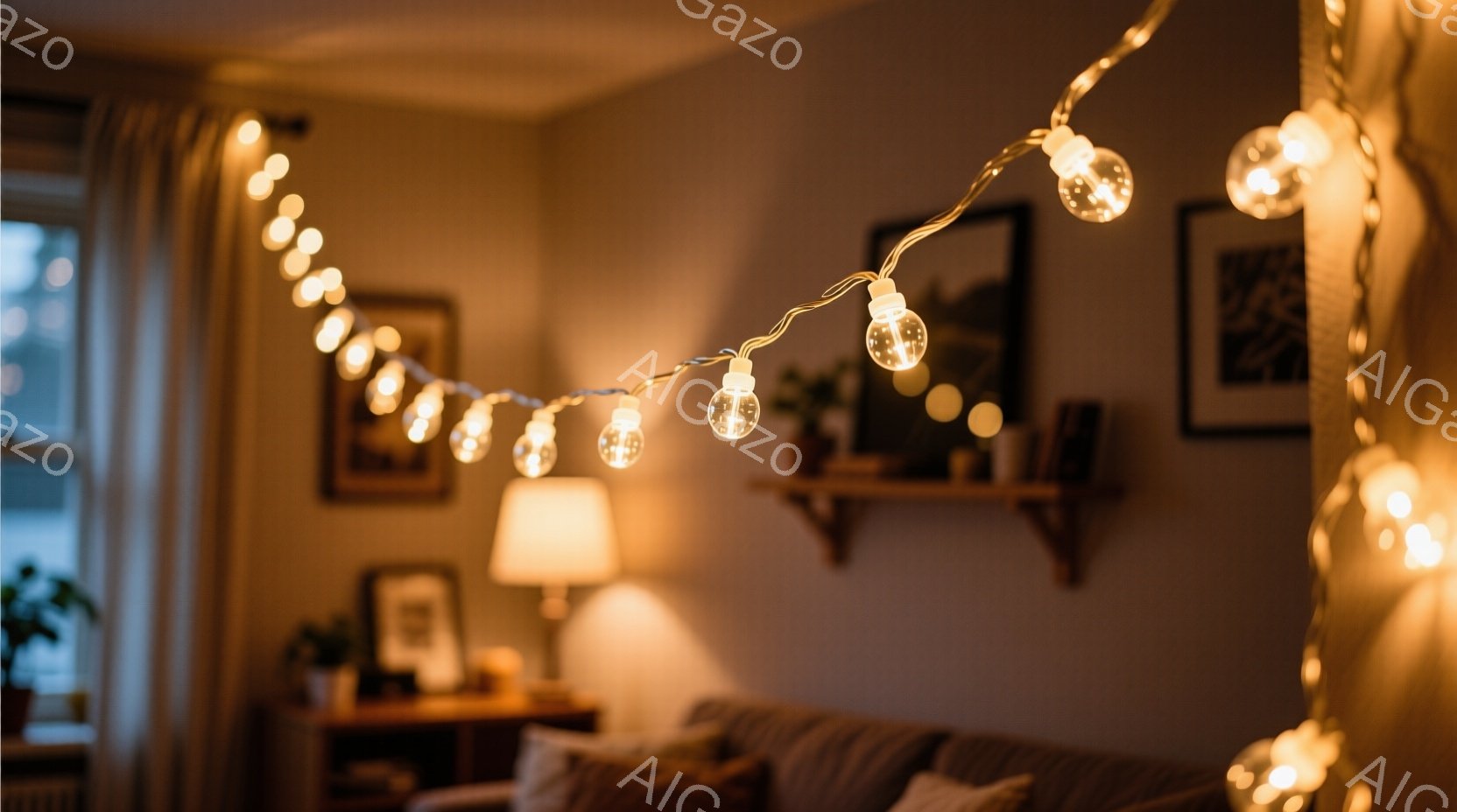 部屋は暖色系の照明で照らされ、温かく居心地の良い雰囲気が漂っている。壁には絵画が飾られ、棚には植物や写真が置かれており、部屋全体がリラックスできる空間を演出している。光の紐が部屋に柔らかい光を添え、落ち着いた夜の雰囲気を醸し出している。