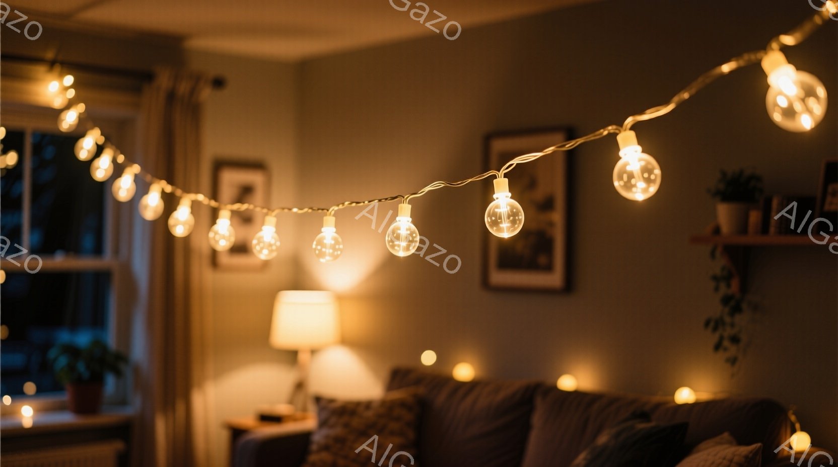 室内は暖色系の照明で照らされ、クリスマスのような飾り付けが施されたリビングルームです。ソファーにはクッションが置かれ、壁には絵画が飾られています。全体的に温かく、落ち着いた雰囲気で、リラックスできる空間が演出されています。