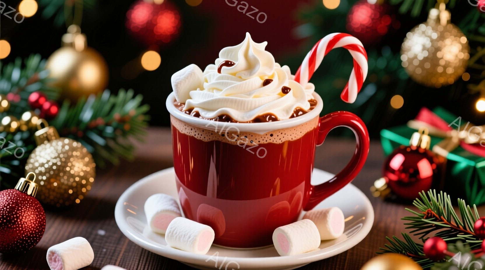 深紅色のカップが白いソーサーに置かれ、たっぷりのホイップクリームとココアパウダーで飾られています。カップの横にはマシュマロが散りばめられ、さらにキャンディケーンが挿されています。背景には、クリスマスツリーの飾りや緑の葉が配置され、暖かく、お祝いムードを醸し出しています。