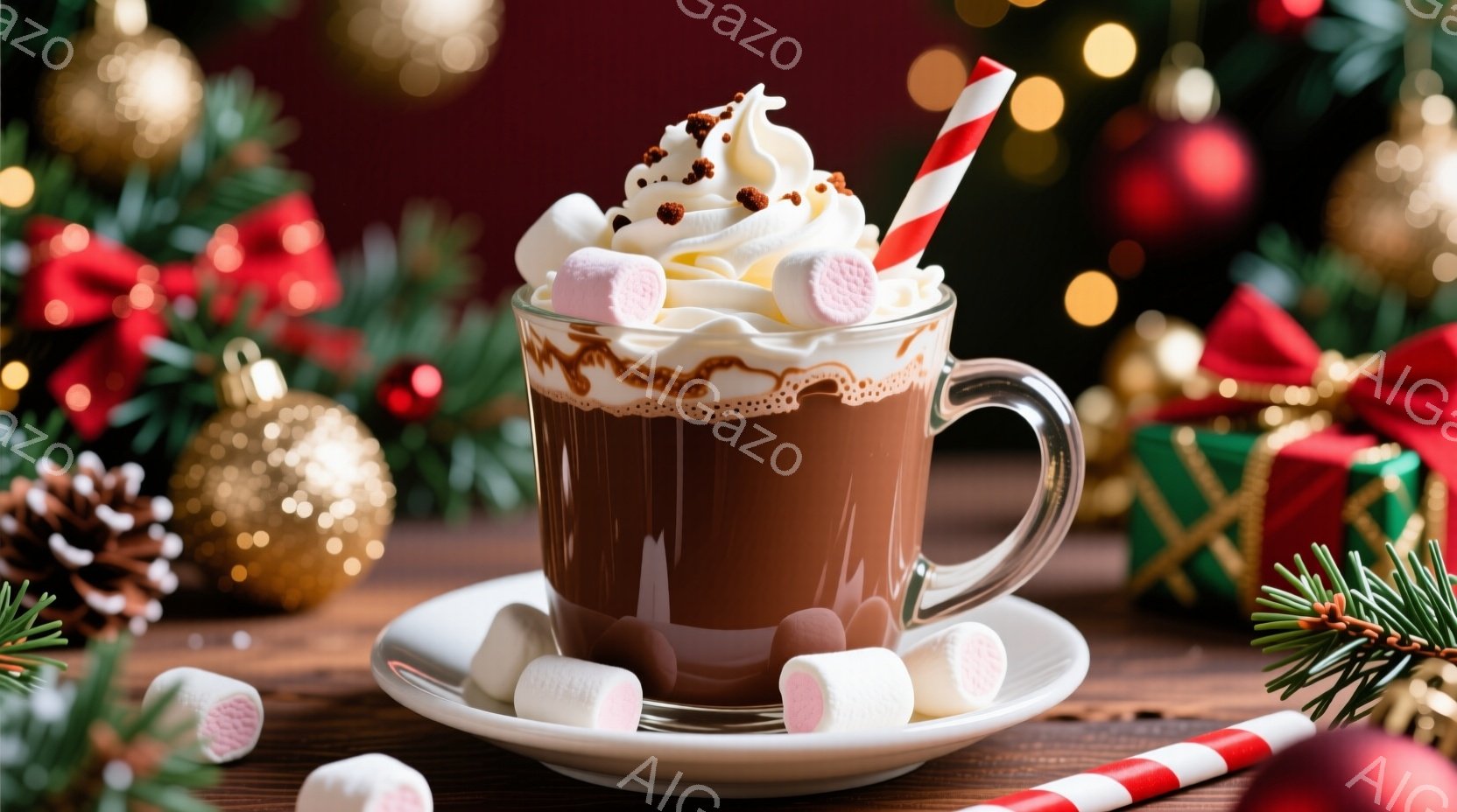 ホットココアが白いソーサーに乗ったグラスに入って写っています。ココアにはマシュマロとホイップクリームがたっぷり乗っており、赤いストライプのストローが挿されています。背景にはクリスマスツリーの飾りやプレゼント、木製のテーブルがあり、暖かくお祝いの雰囲気です。