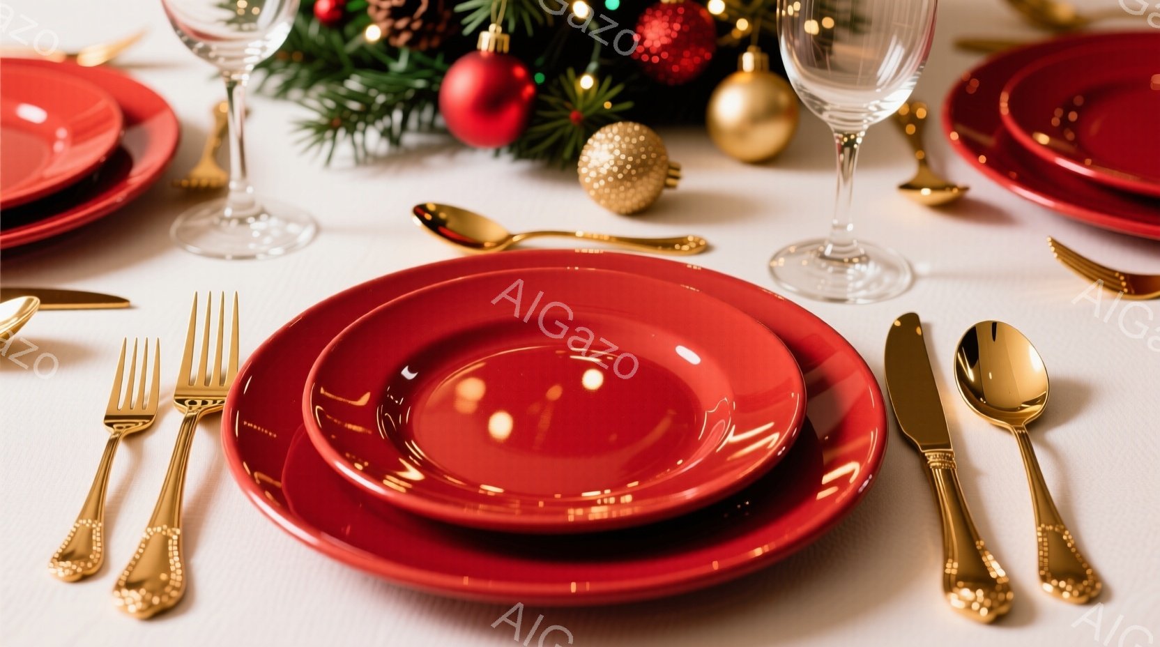 白いテーブルクロスの上に、赤いお皿が重ねて配置されています。金色のフォーク、ナイフ、スプーンが美しく並べられ、背景にはクリスマスツリーの緑と赤いオーナメントが見えます。暖かく華やかな雰囲気で、特別な日の食事が始まる直前の様子を捉えています。
