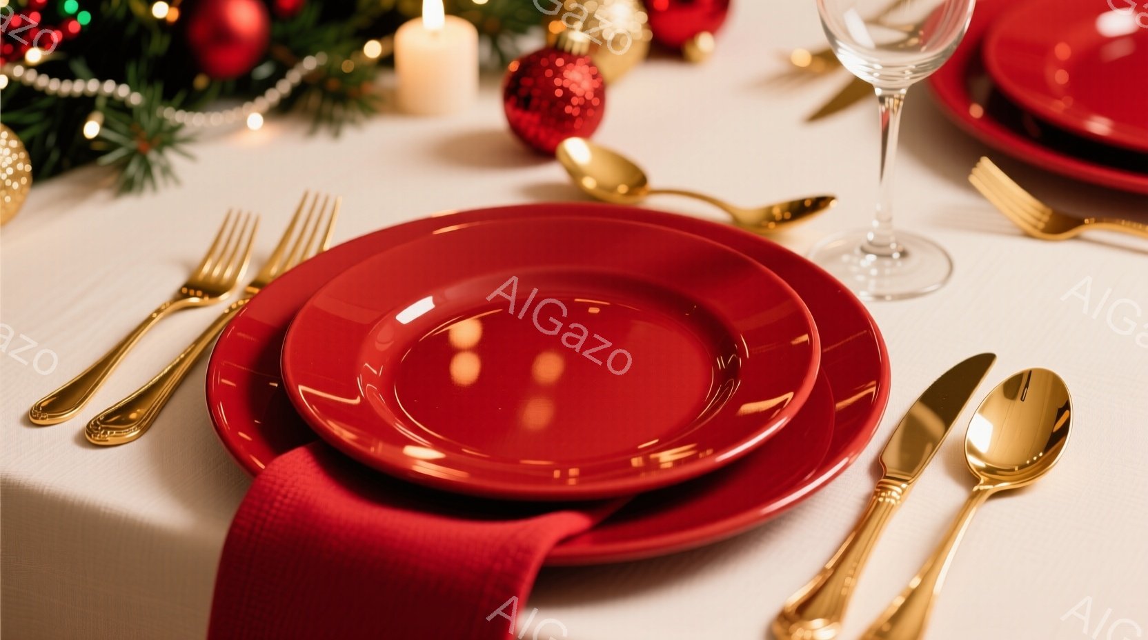 テーブルの上には、赤いナプキン、重ねられた赤い皿、金色の食器類が置かれています。背景には、ぼやけたクリスマスツリーの飾りとろうそくの光が見え、クリスマスの温かい雰囲気を醸し出しています。全体的に、洗練されたクリスマスのディナーの準備が整った様子が伝わってきます。