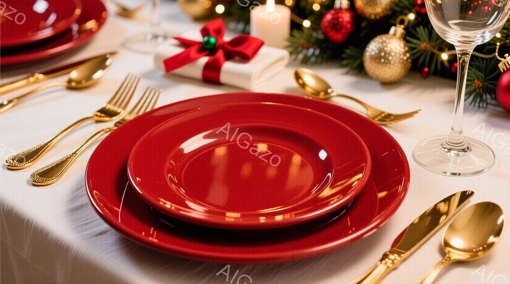 真っ赤な皿が重ねられており、金色のカトラリーが周囲に配置されています。背景にはクリスマスツリーの飾りやプレゼントの箱が見え、白いテーブルクロスが上品さを演出しています。全体的に華やかで、温かいクリスマスの食卓を予感させる雰囲気です。